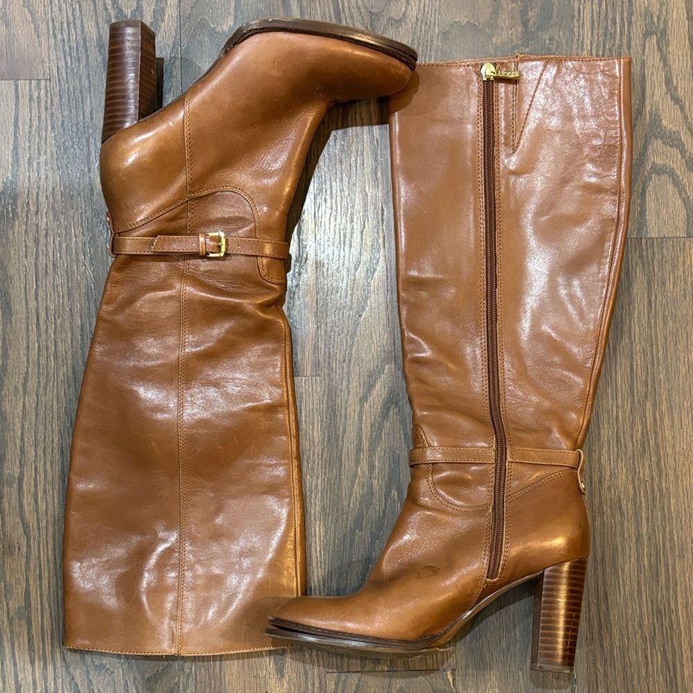 Ivanka Trump Brown Knee High Zip Up Leather Boots, Size 7.5